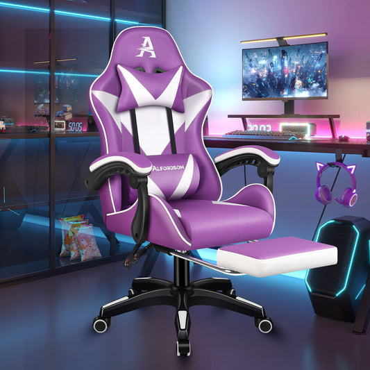 ALFORDSON Gaming Office Chair Massage Computer Footrest Leather Purple & White