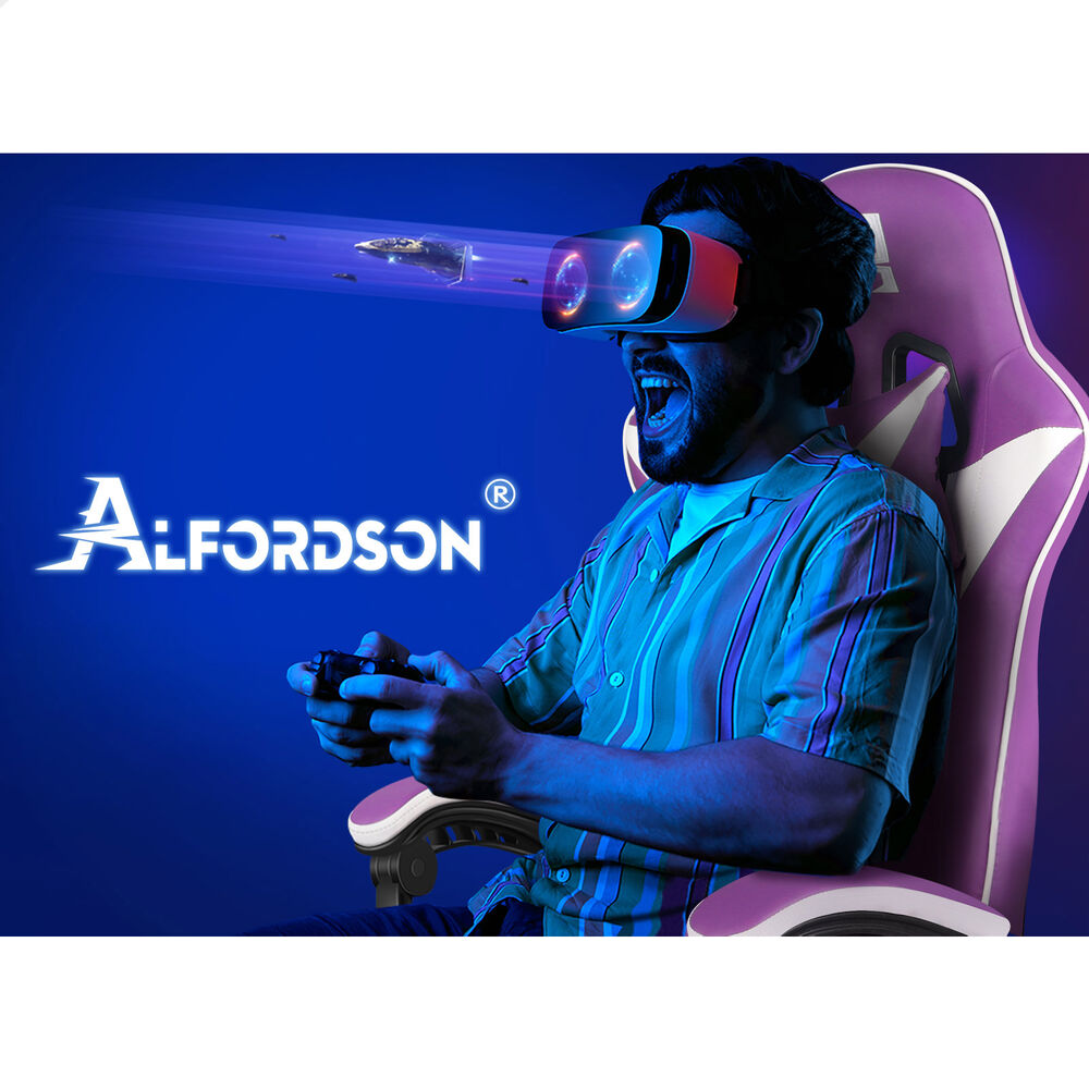 ALFORDSON Gaming Office Chair Massage Computer Footrest Leather Purple & White