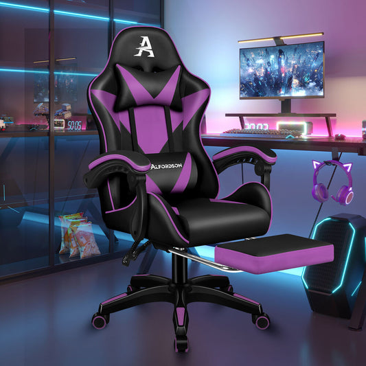 ALFORDSON Gaming Office Chair Massage Computer Footrest Leather Black & Purple