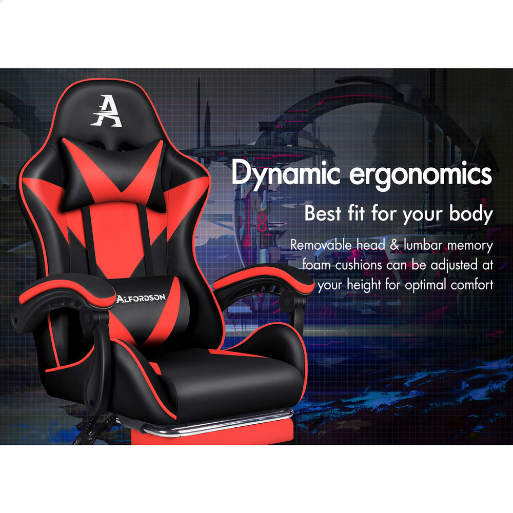ALFORDSON Gaming Office Chair Massage Computer Footrest Seat Leather Black & Red