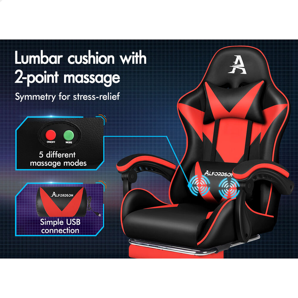 ALFORDSON Gaming Office Chair Massage Computer Footrest Seat Leather Black & Red