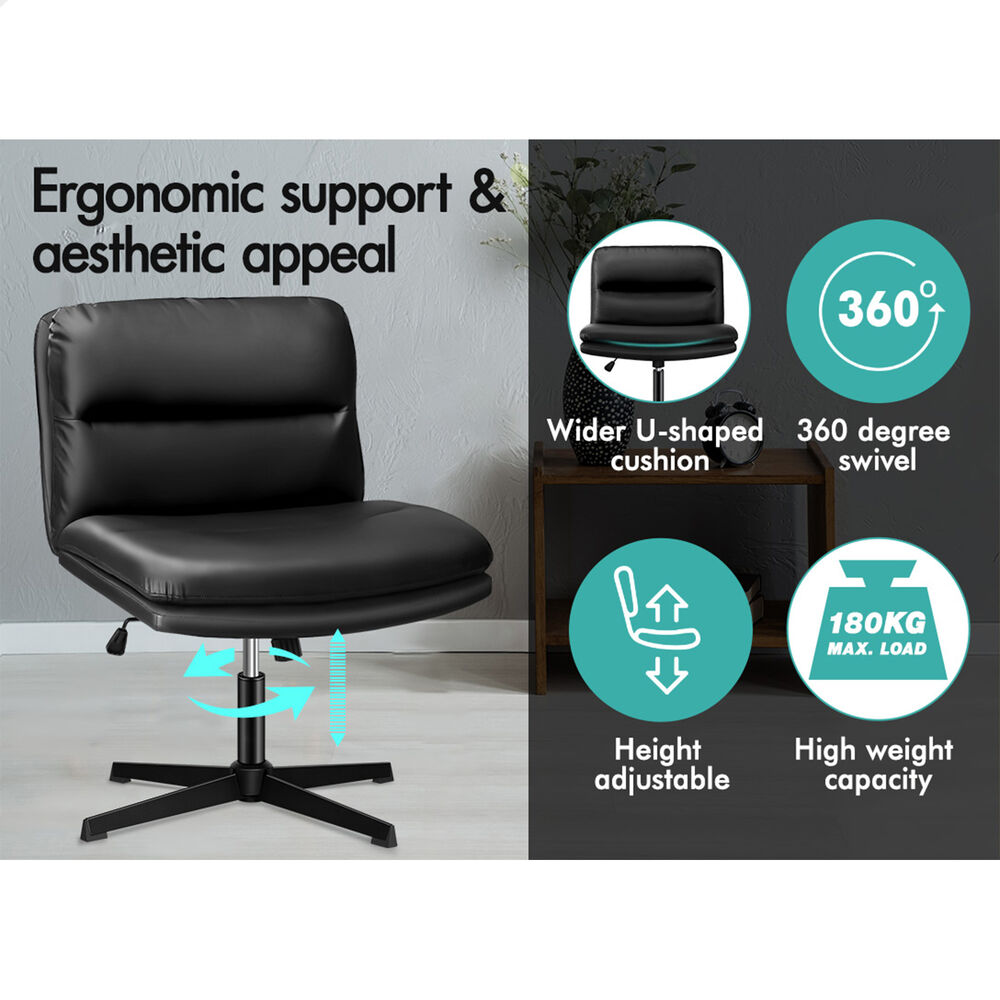ALFORDSON Office Chair Computer Cross-legged Seat Work Ottoman PU Leather Black