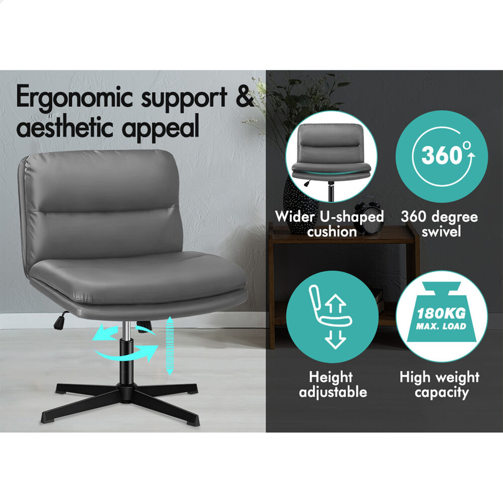 ALFORDSON Office Chair Computer Cross-legged Seat Work Ottoman PU Leather Grey