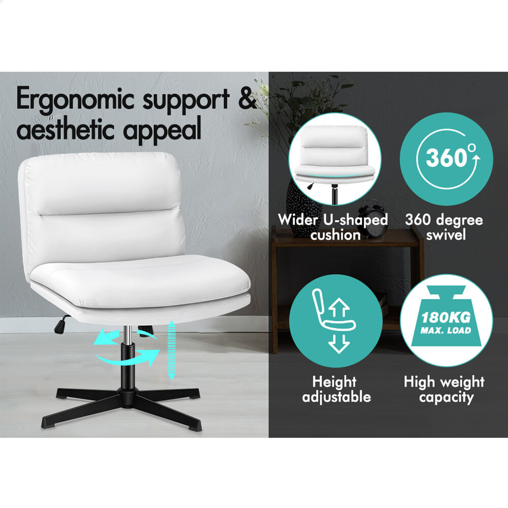 ALFORDSON Office Chair Computer Cross-legged Seat Work Ottoman PU Leather White