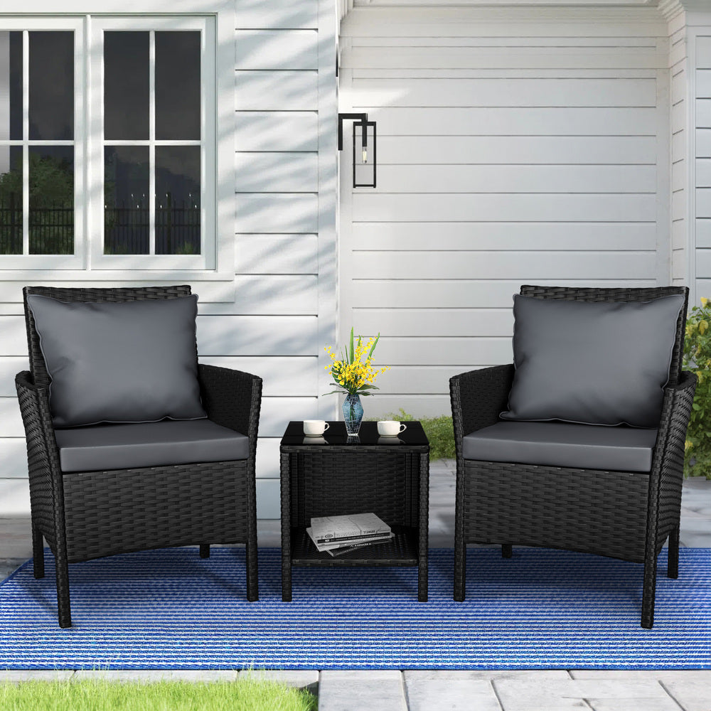 ALFORDSON 3PCS Bistro Set Outdoor Garden Wicker with Pillows Black