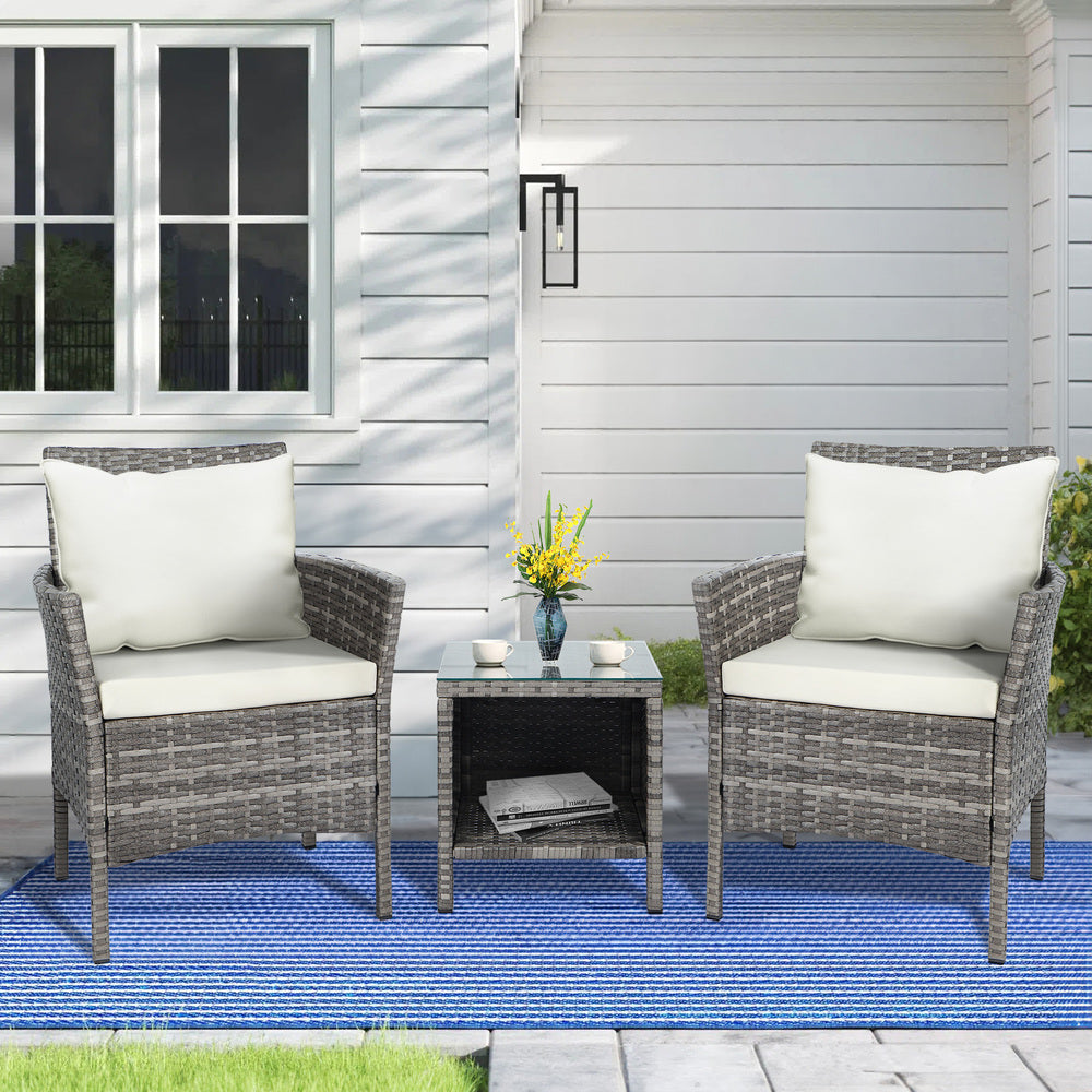 ALFORDSON 3PCS Bistro Set Outdoor Garden Wicker with Pillows Beige