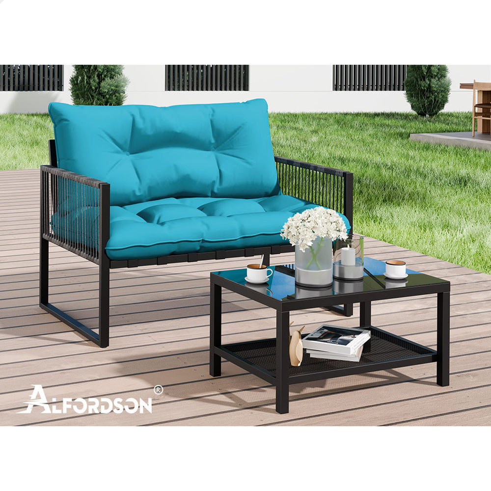 ALFORDSON 2PCS Outdoor Lounge Sofa Set Wicker Furniture Table and Chairs Garden Blue