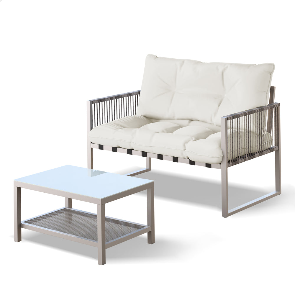 ALFORDSON 2PCS Outdoor Lounge Sofa Set Wicker Furniture Table and Chairs Garden Beige