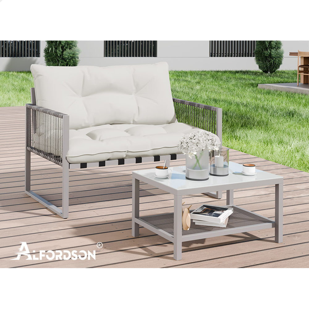 ALFORDSON 2PCS Outdoor Lounge Sofa Set Wicker Furniture Table and Chairs Garden Beige