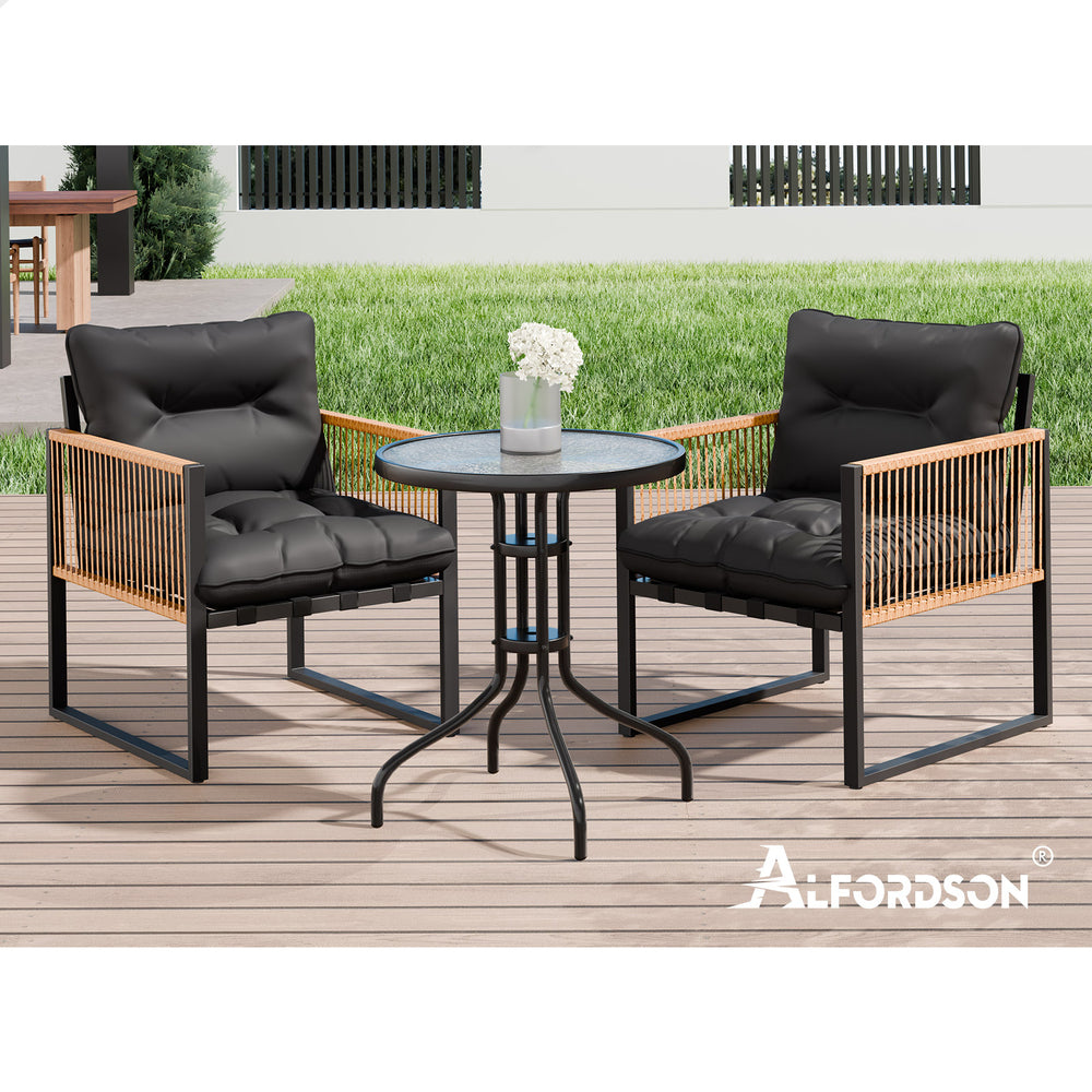 ALFORDSON Outdoor Furniture Set Patio Side Table Lounge Chair Glass Wicker Black
