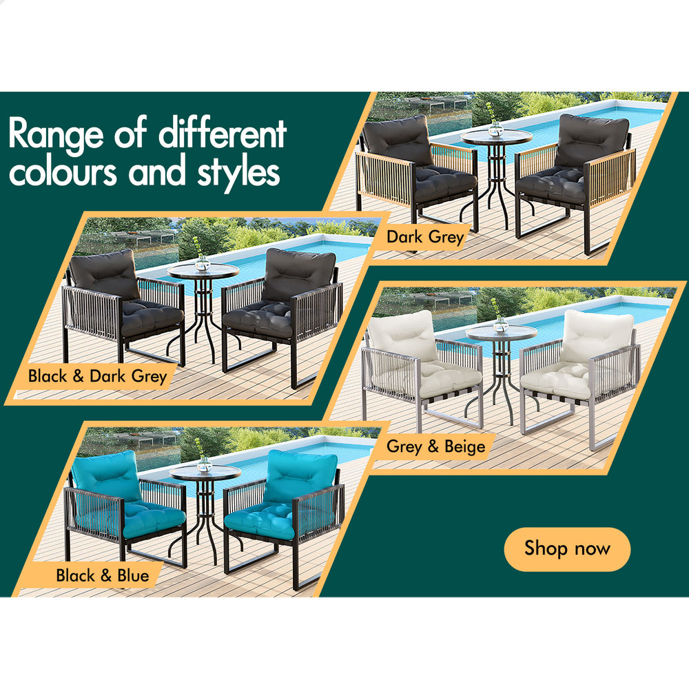 ALFORDSON Outdoor Furniture Set Patio Side Table Lounge Chair Glass Wicker Black
