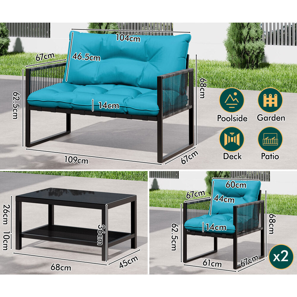 ALFORDSON 4PCS Outdoor Furniture Lounge Sofa Set Wicker Furniture Table and Chairs Garden Blue