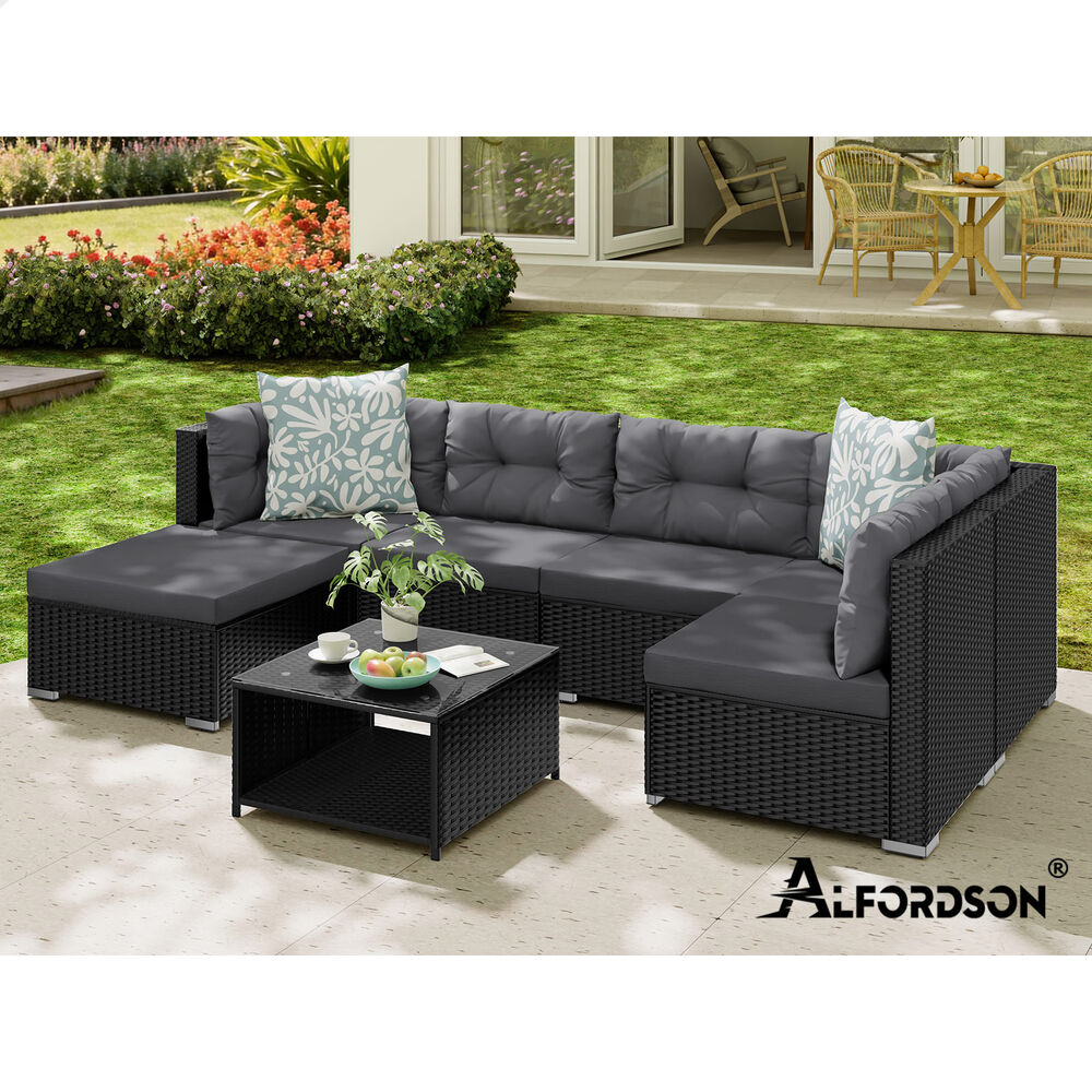 ALFORDSON 6 Seater Outdoor Lounge Setting 7PCS Sofa Set Furniture Patio Black