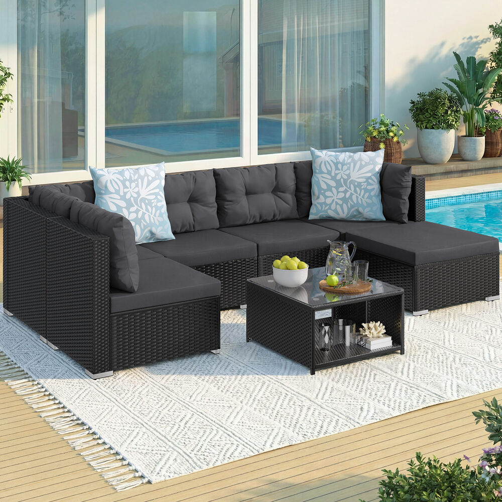 ALFORDSON 6 Seater Outdoor Lounge Setting 7PCS Sofa Set Furniture Patio Black