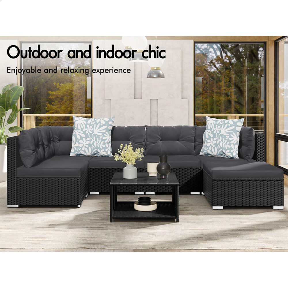 ALFORDSON 6 Seater Outdoor Lounge Setting 7PCS Sofa Set Furniture Patio Black