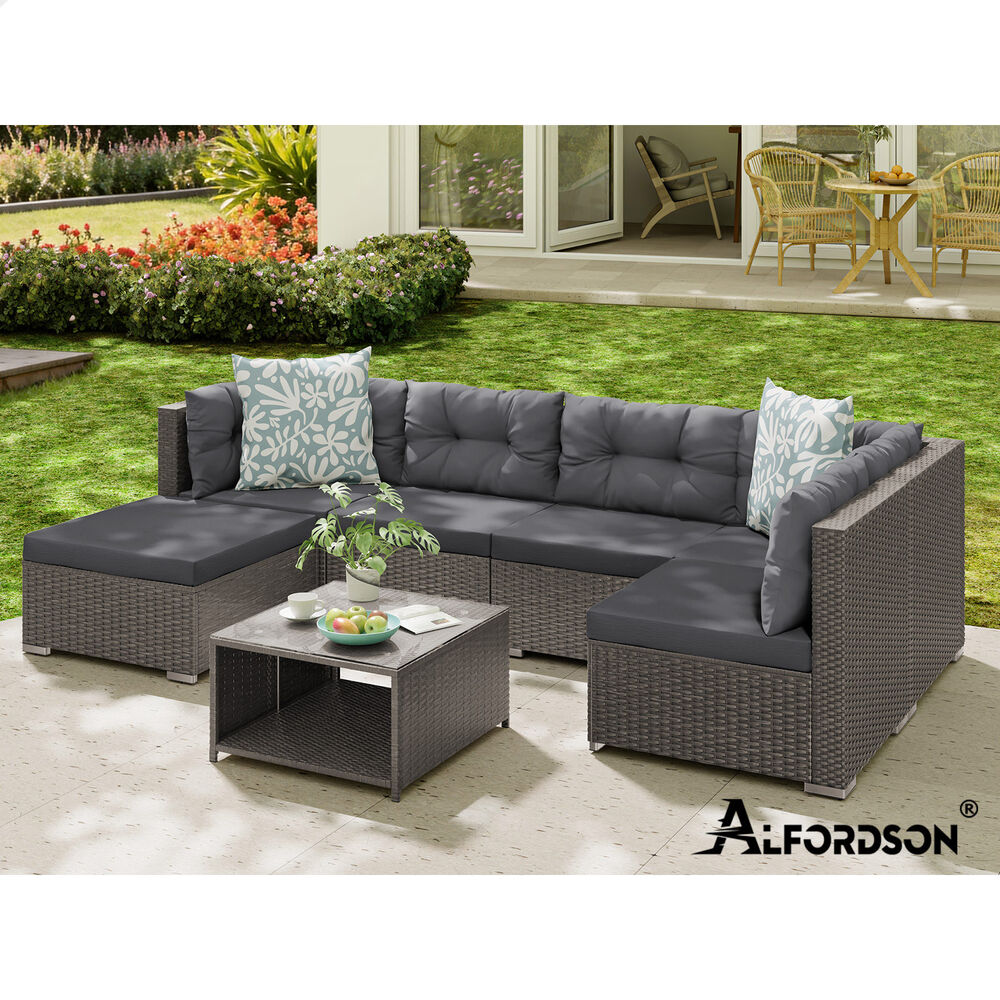 ALFORDSON 6 Seater Outdoor Lounge Setting 7PCS Sofa Set Furniture Dark Grey