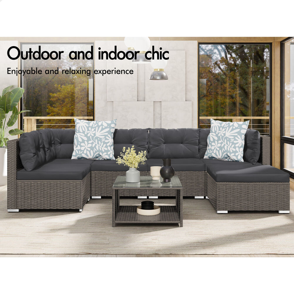 ALFORDSON 6 Seater Outdoor Lounge Setting 7PCS Sofa Set Furniture Dark Grey