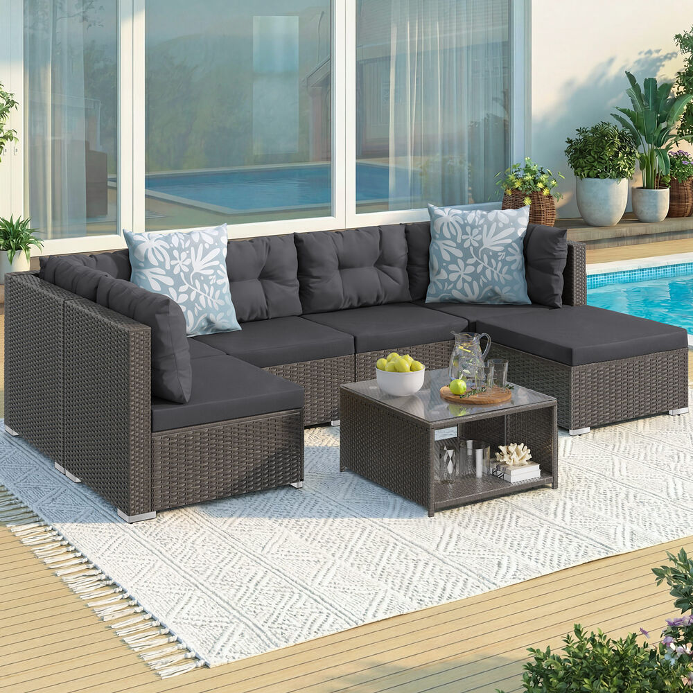 ALFORDSON 6 Seater Outdoor Lounge Setting 7PCS Sofa Set Furniture Dark Grey