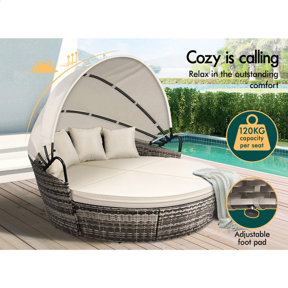 ALFORDSON Outdoor Sun Lounge Round Day Bed Wicker Furniture Beige