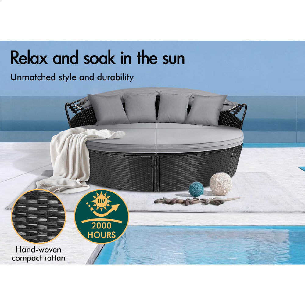 ALFORDSON Outdoor Sun Lounge Round Day Bed Wicker Furniture Black