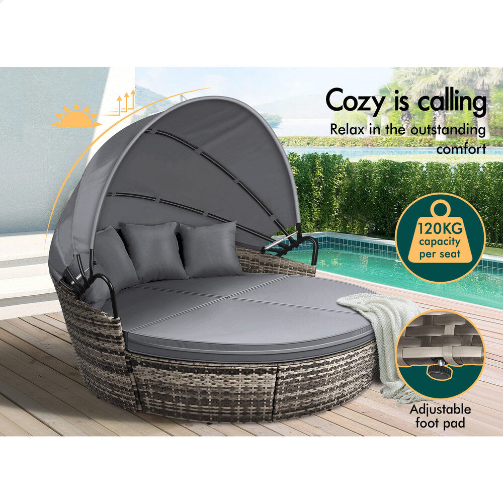 ALFORDSON Outdoor Sun Lounge Round Day Bed Wicker Furniture Grey