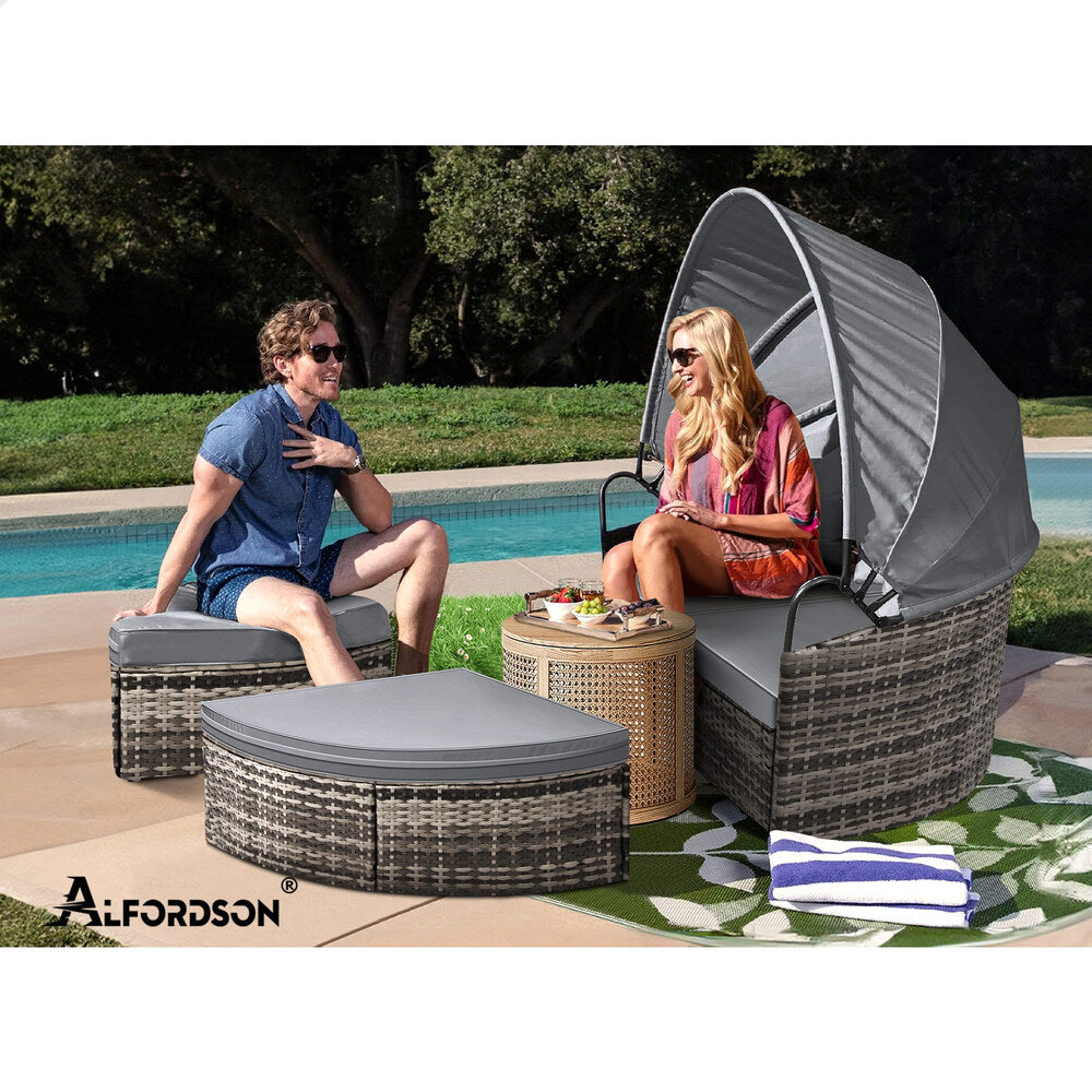 ALFORDSON Outdoor Sun Lounge Round Day Bed Wicker Furniture Grey