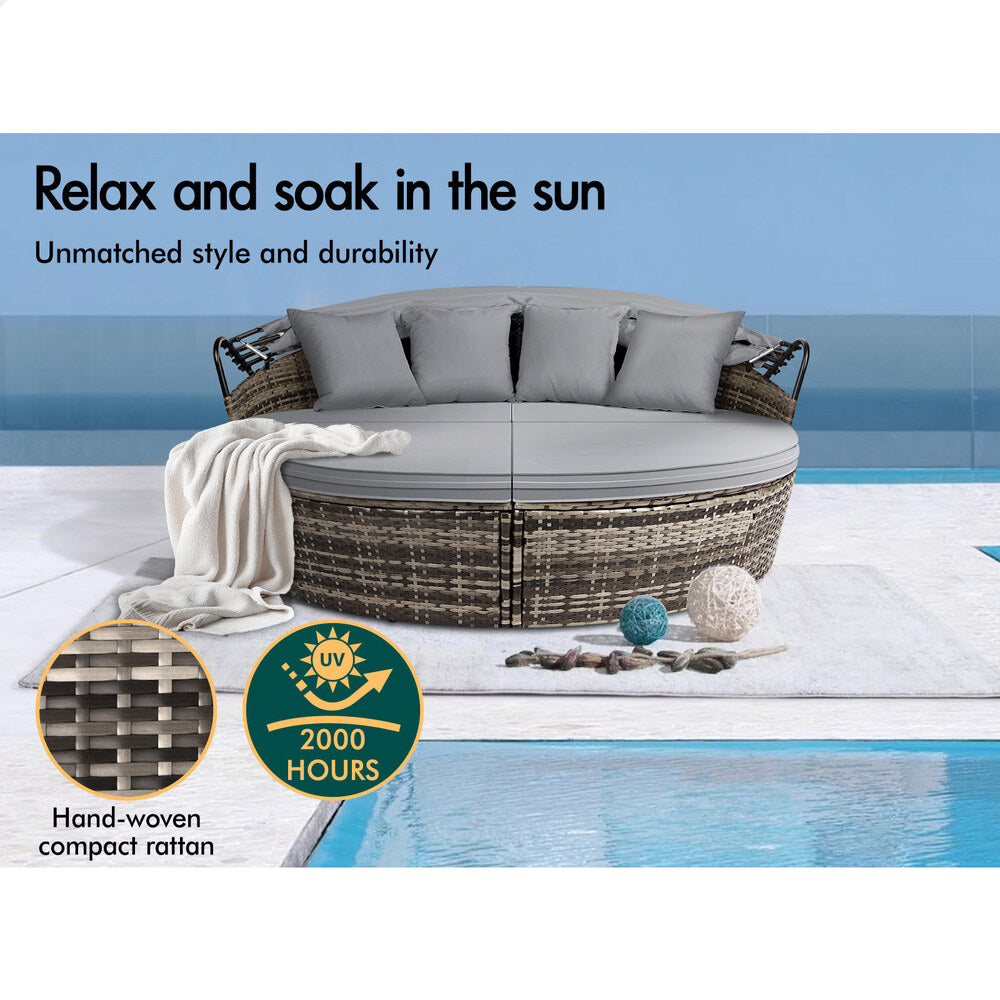 ALFORDSON Outdoor Sun Lounge Round Day Bed Wicker Furniture Grey