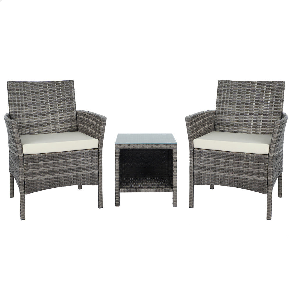 ALFORDSON 3PCS Outdoor Furniture Wicker Bistro Set Patio Sofa Table Grey