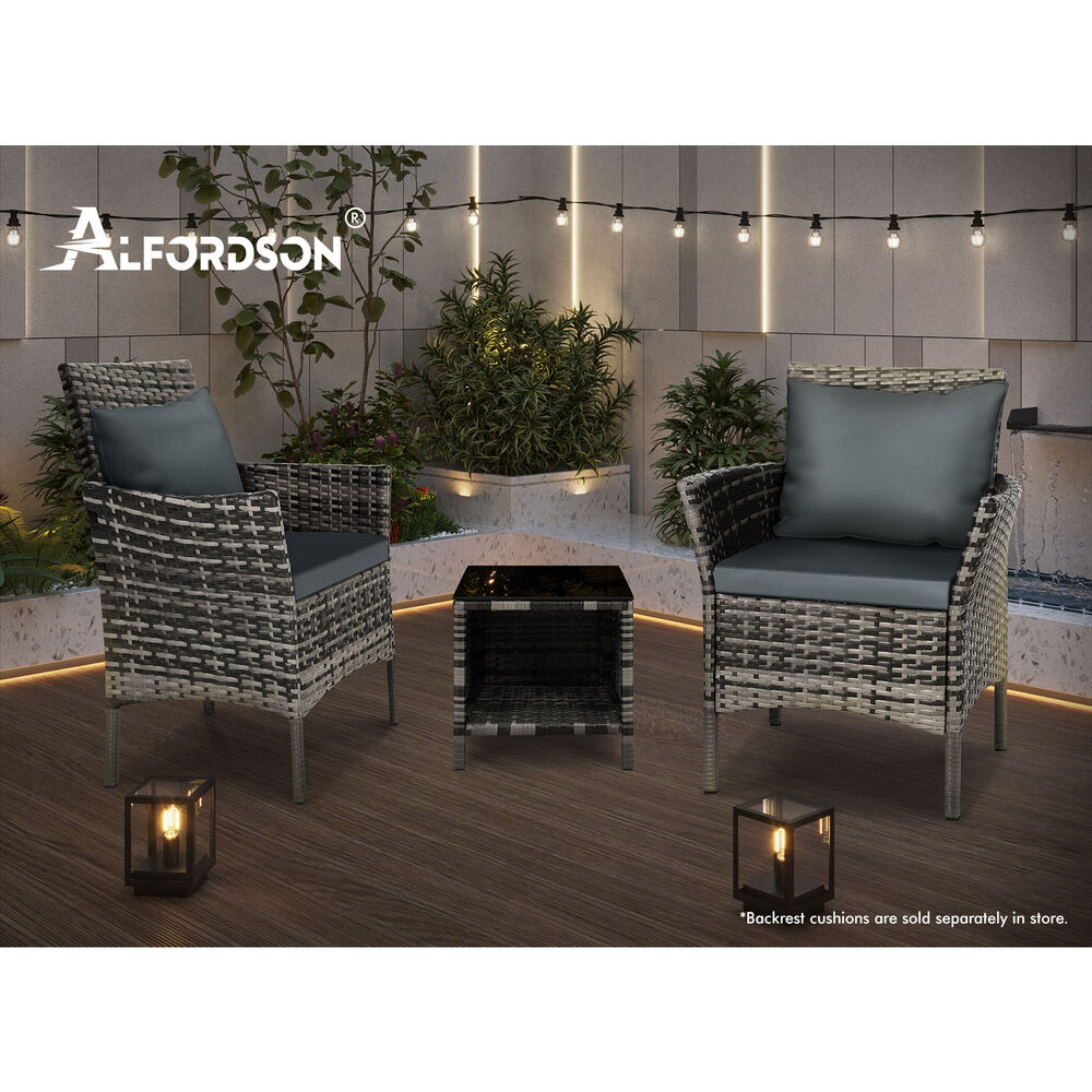 ALFORDSON Outdoor Furniture 3PCS Wicker Bistro Set Patio Chairs Table Mixed Grey