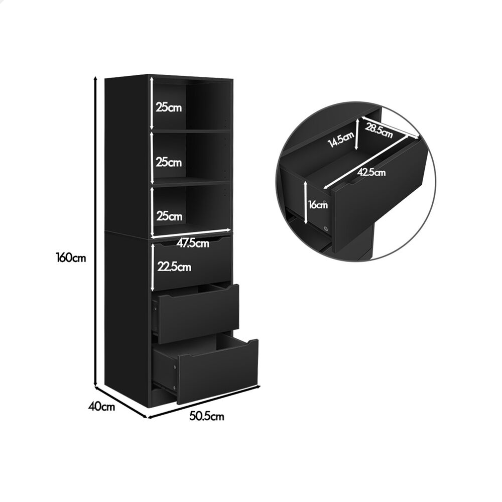 ALFORDSON Chest of 3 Drawers Office Storage Cabinet Tallboy Bedroom Black