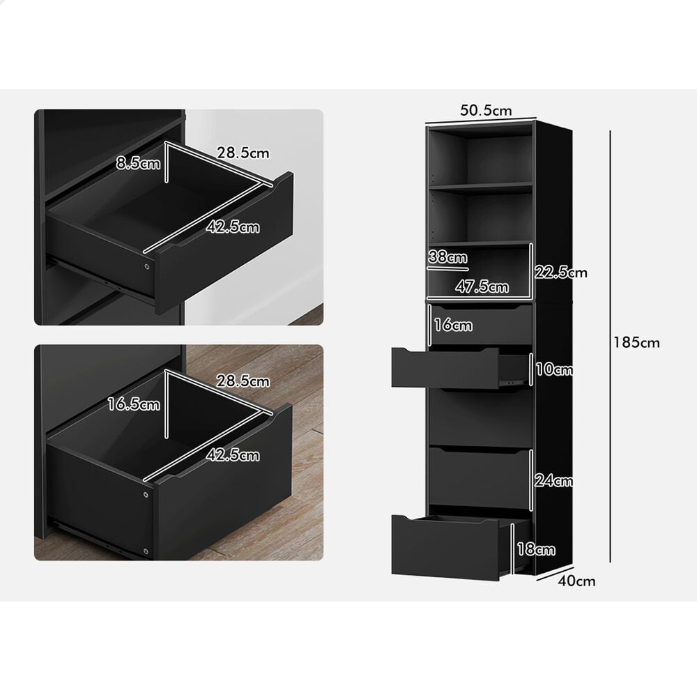 ALFORDSON Chest of 5 Drawers Office Storage Cabinet Tallboy Bedroom Black