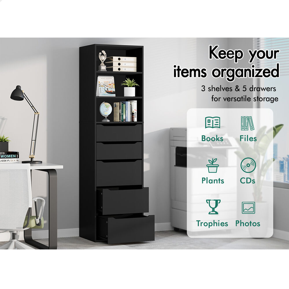 ALFORDSON Chest of 5 Drawers Office Storage Cabinet Tallboy Bedroom Black