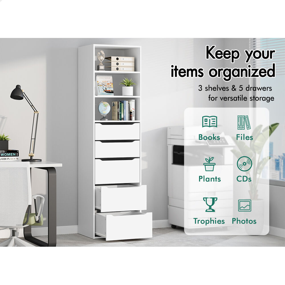 ALFORDSON Chest of 5 Drawers Office Storage Cabinet Tallboy Bedroom White