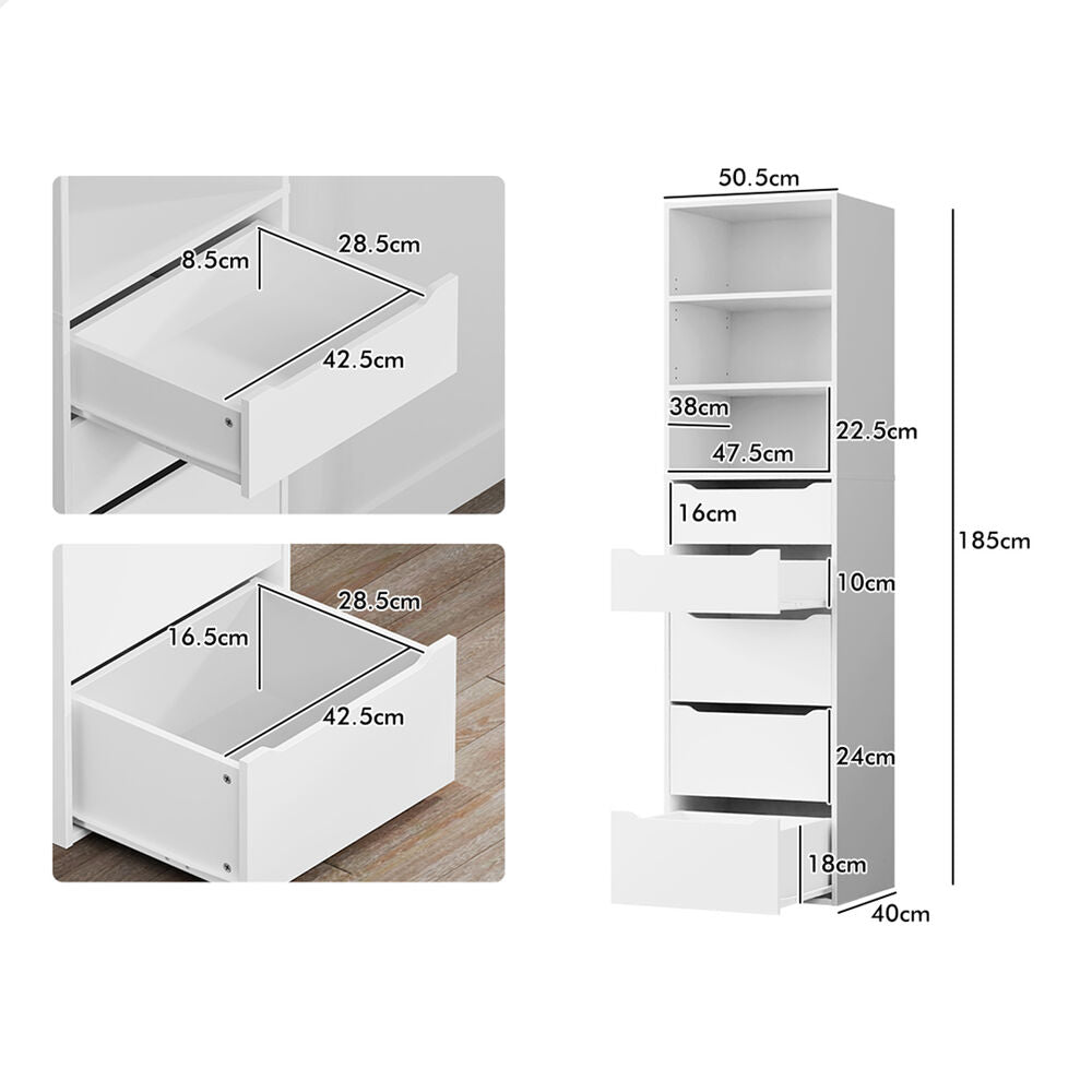 ALFORDSON Chest of 5 Drawers Office Storage Cabinet Tallboy Bedroom White
