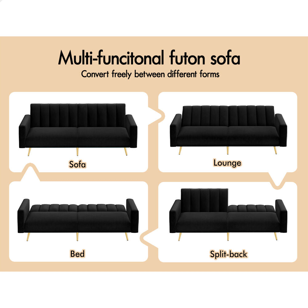 ALFORDSON Sofa Bed Futon Lounge 3 Seater Velvet Black