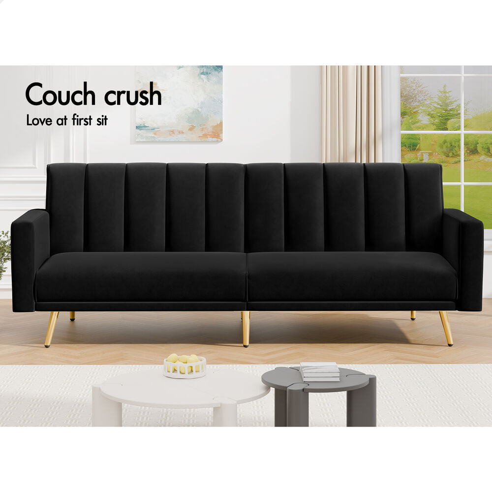 ALFORDSON Sofa Bed Futon Lounge 3 Seater Velvet Black