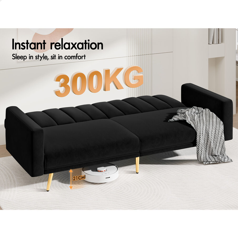 ALFORDSON Sofa Bed Futon Lounge 3 Seater Velvet Black