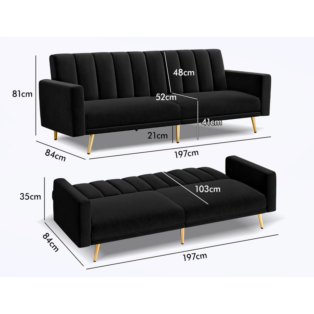 ALFORDSON Sofa Bed Futon Lounge 3 Seater Velvet Black