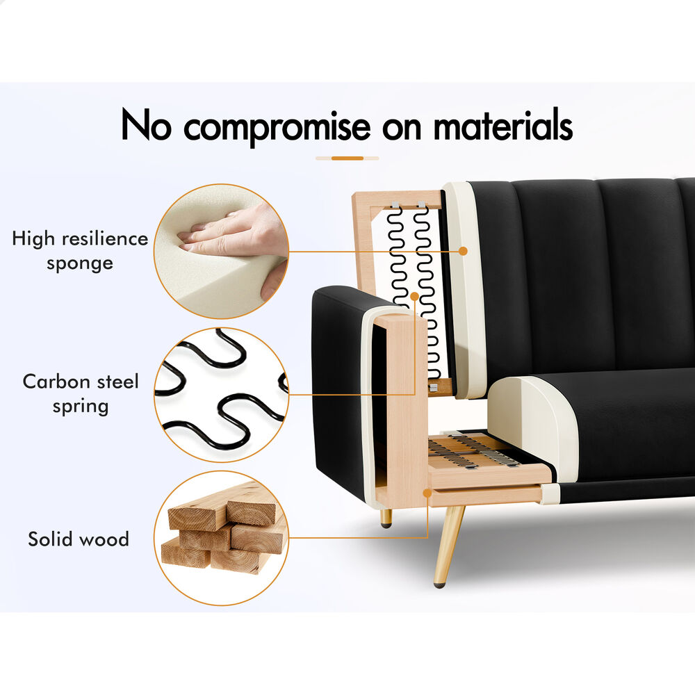 ALFORDSON Sofa Bed Futon Lounge 3 Seater Velvet Black