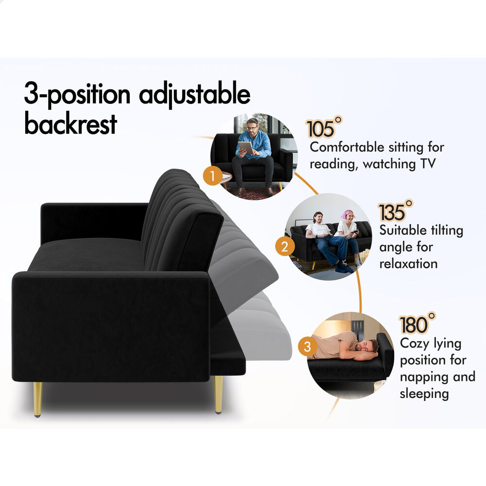 ALFORDSON Sofa Bed Futon Lounge 3 Seater Velvet Black