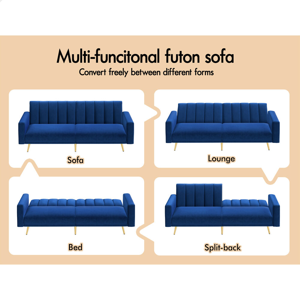 ALFORDSON Sofa Bed Futon Lounge 3 Seater Velvet Blue