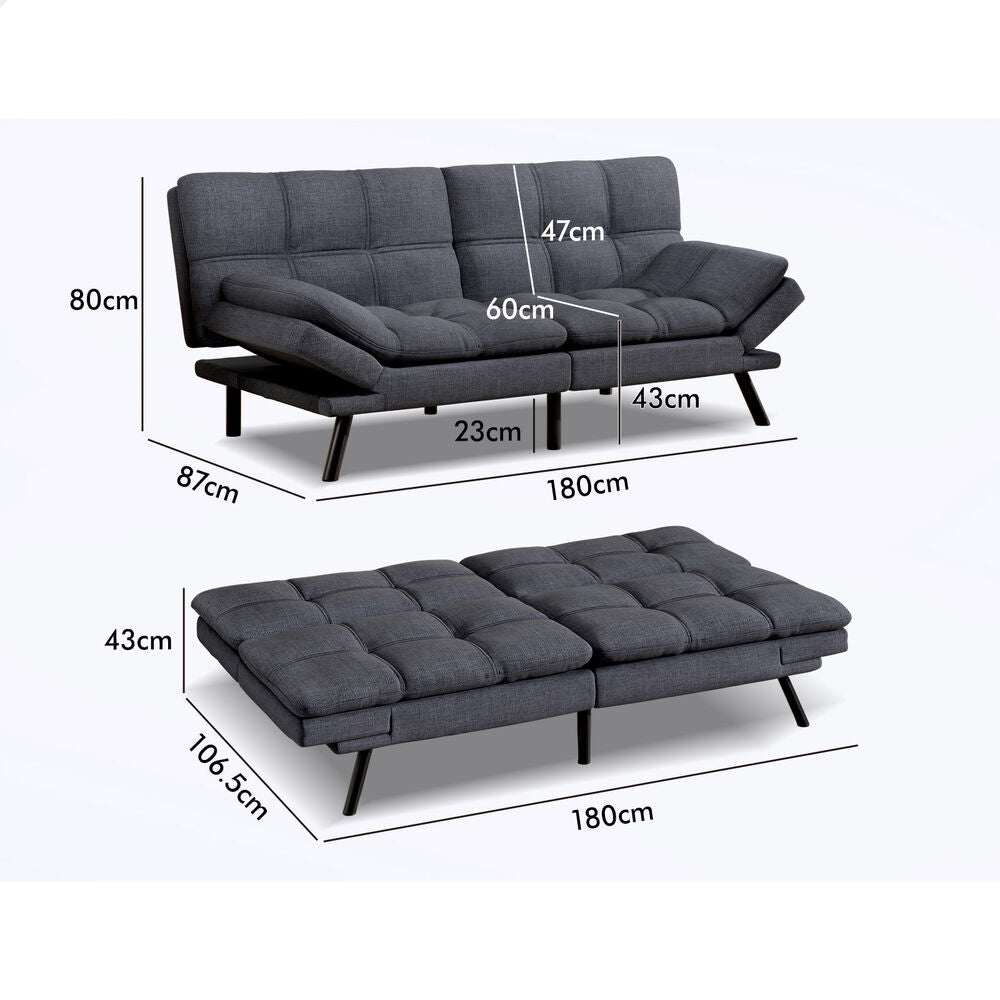 ALFORDSON Sofa Bed Couch 3 Seater Lounge Recliner Fabric Grey