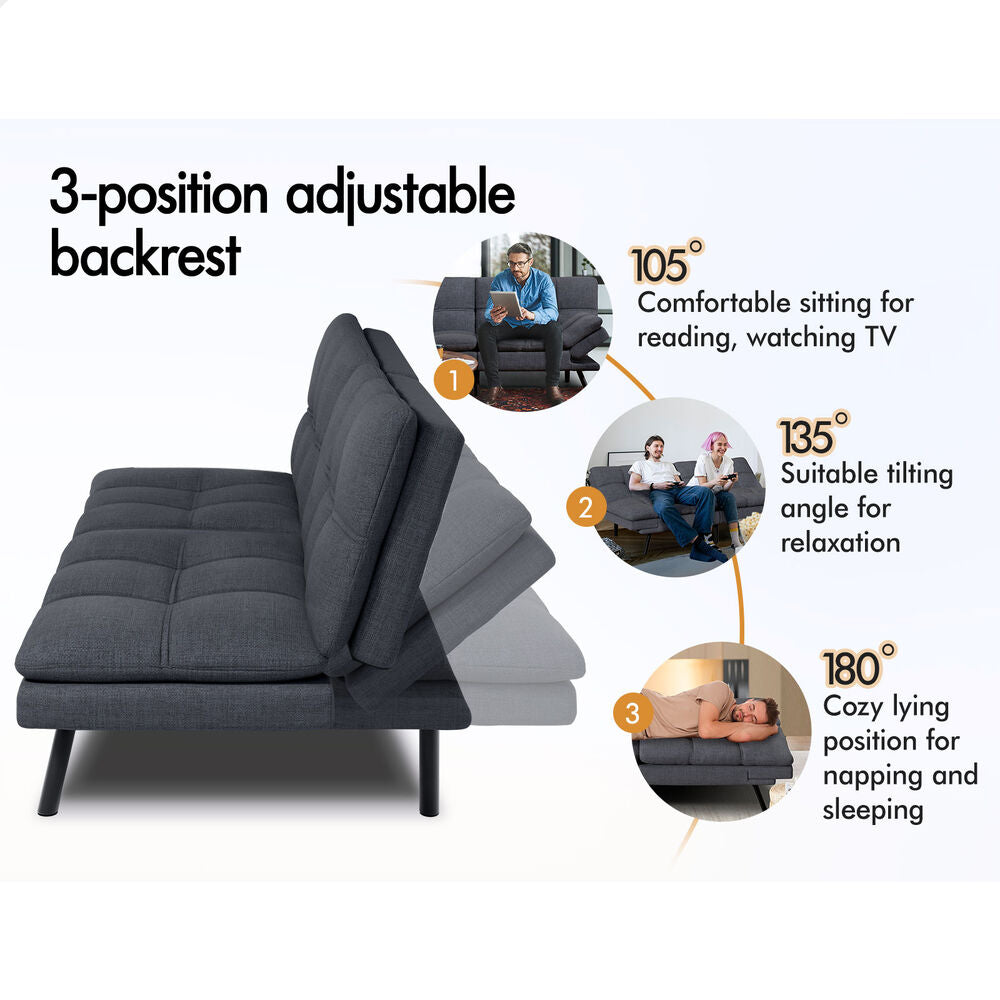 ALFORDSON Sofa Bed Couch 3 Seater Lounge Recliner Fabric Grey