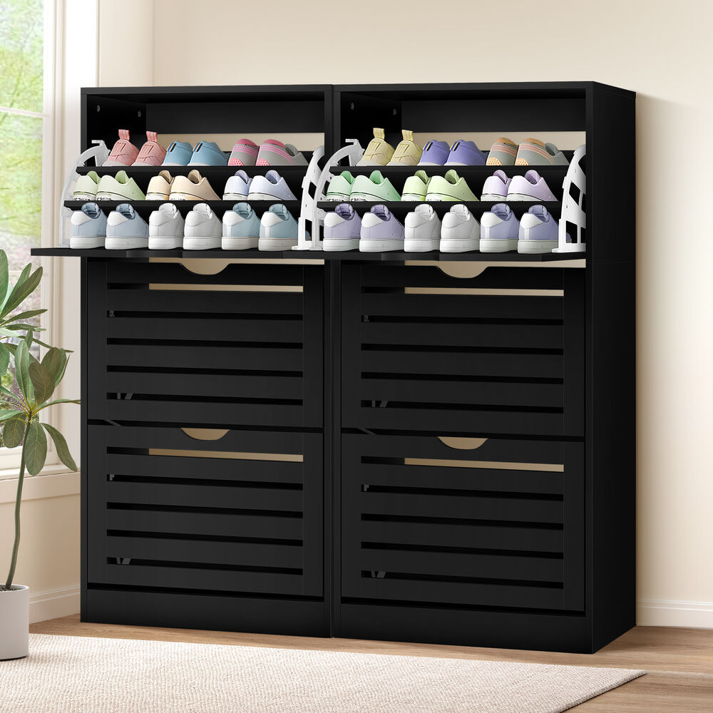 ALFORDSON 2x Shoe Cabinet Organiser Storage Rack Flip Drawers 90 Pairs Black
