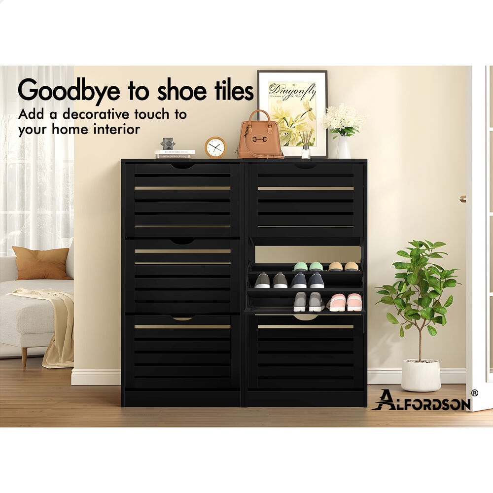 ALFORDSON 2x Shoe Cabinet Organiser Storage Rack Flip Drawers 90 Pairs Black