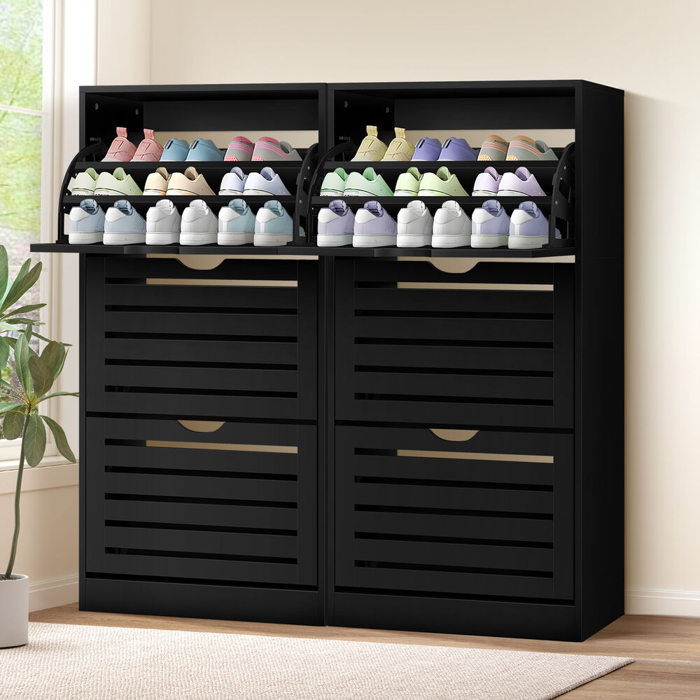 ALFORDSON 2x Shoe Cabinet Organiser Storage Rack Flip Drawers 90 Pairs Black