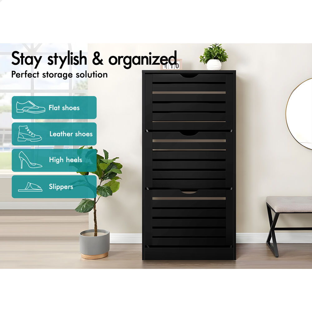 ALFORDSON Shoe Cabinet Organiser Storage Rack Flip Drawers 45 Pairs Black