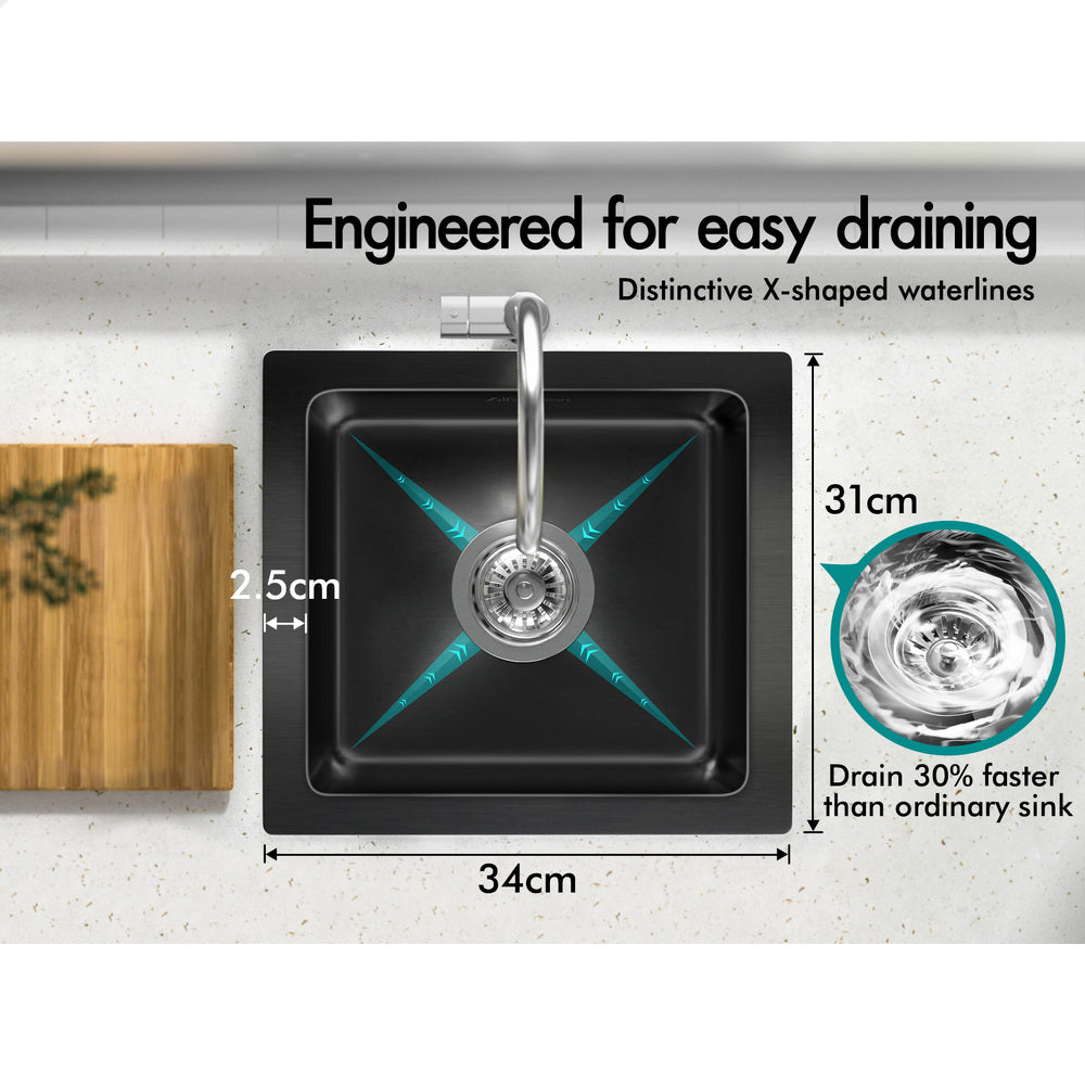 ALFORDSON Kitchen Sink 34x31cm Stainless Steel Basin Single Bowl Black