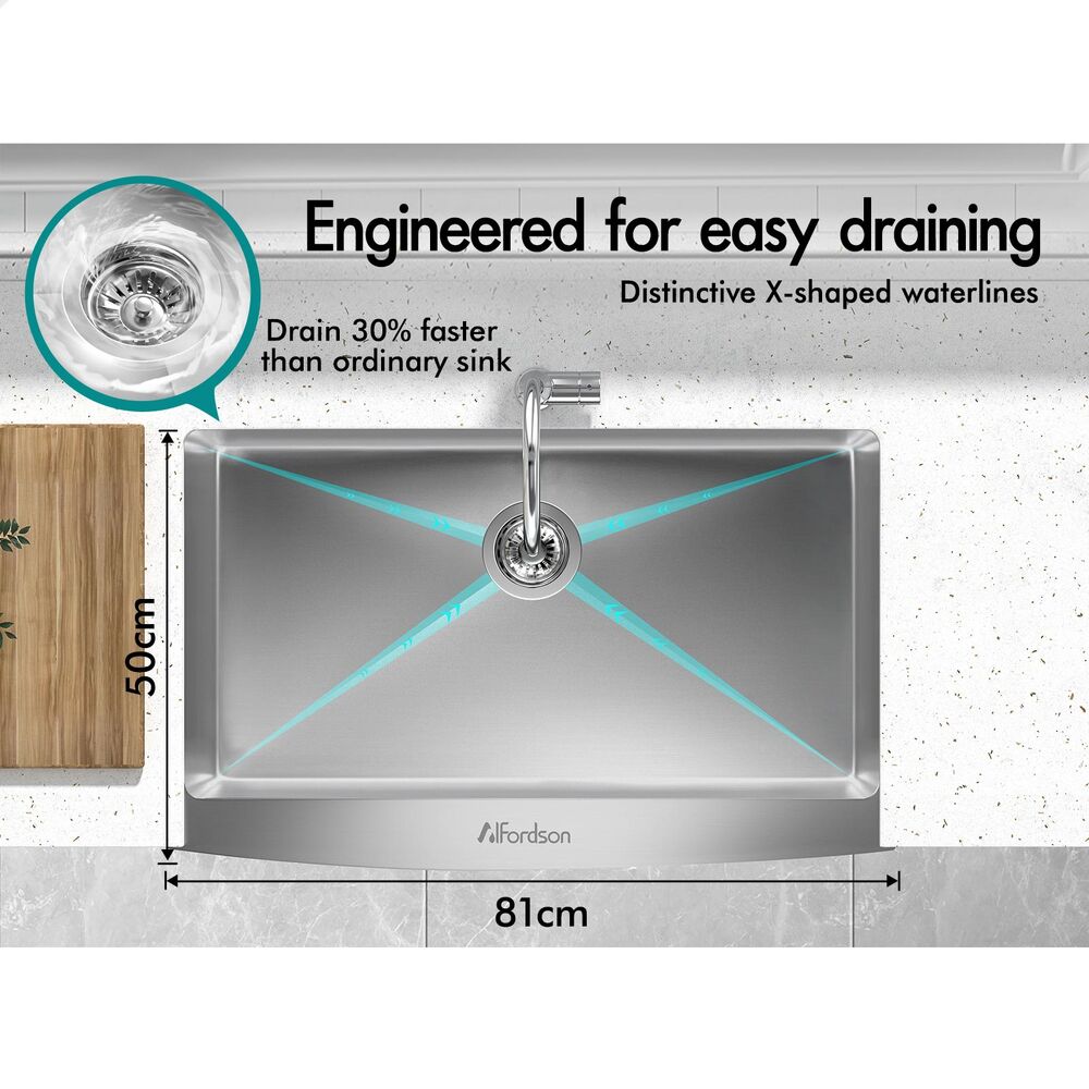 ALFORDSON Farmhouse Kitchen Sink 81x50cm Stainless Steel Basin Single Bowl
