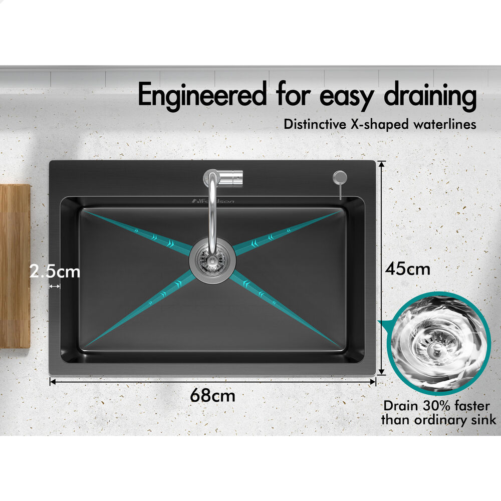 ALFORDSON Kitchen Sink 68x45cm Stainless Steel Basin Single Bowl Black